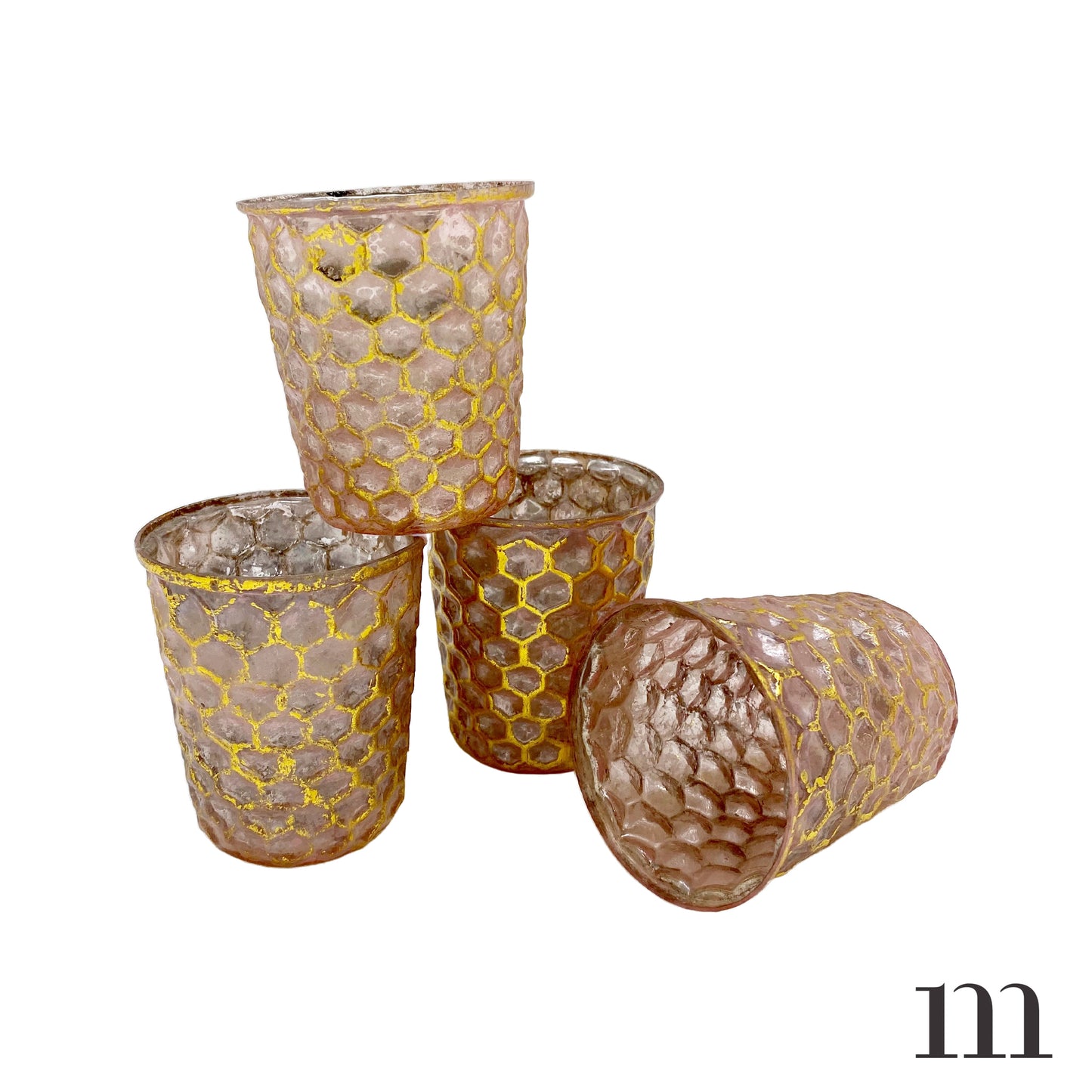 Pink Glass with Gold Honeycomb